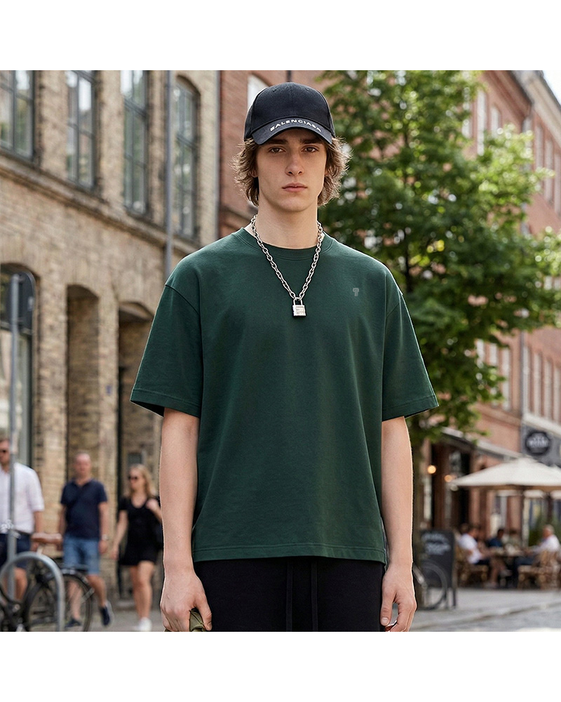 Polocom Plus Foundation Cotton Tee in Dark Green, model front view