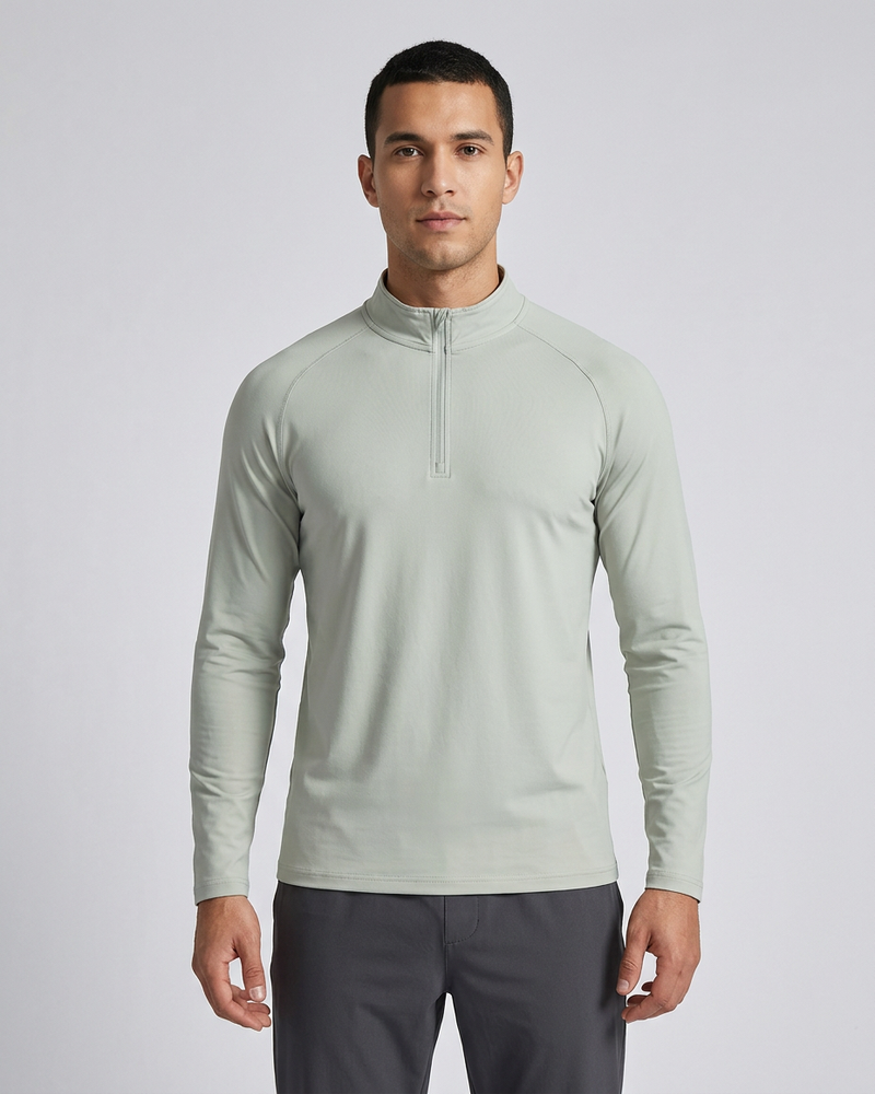 Polocom Plus Glide Nylon Quarter-Zip Top in Green, model front view