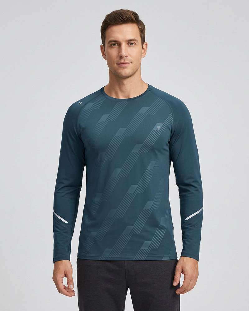 Polocom Plus Glide Stripe Long Sleeve Tee in Grey blue, model front view