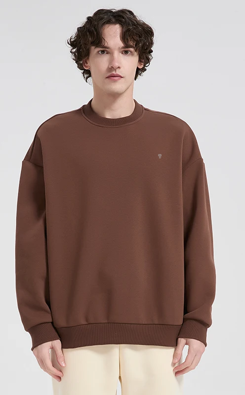 Polocom Plus Haven Fleece Crewneck in Chocolate Brown, front view worn by an adult male model