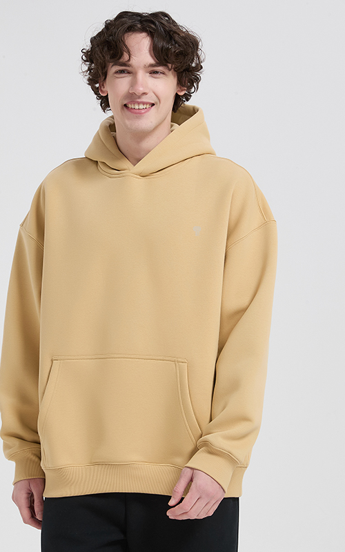 Polocom Plus Haven Fleece Pullover Hoodie in Dark Khaki, front view on male model