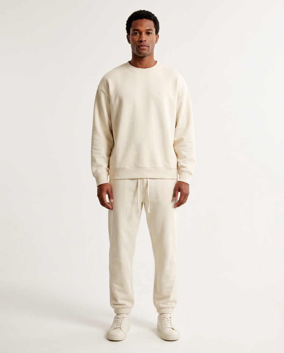 Polocom Plus Haven Heavyweight Crewneck & Jogger Set in Wheat, full outfit on adult male model