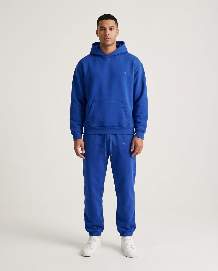 Polocom Plus Haven Heavyweight Hooded Jogger Set in Royal Blue, front view on male model