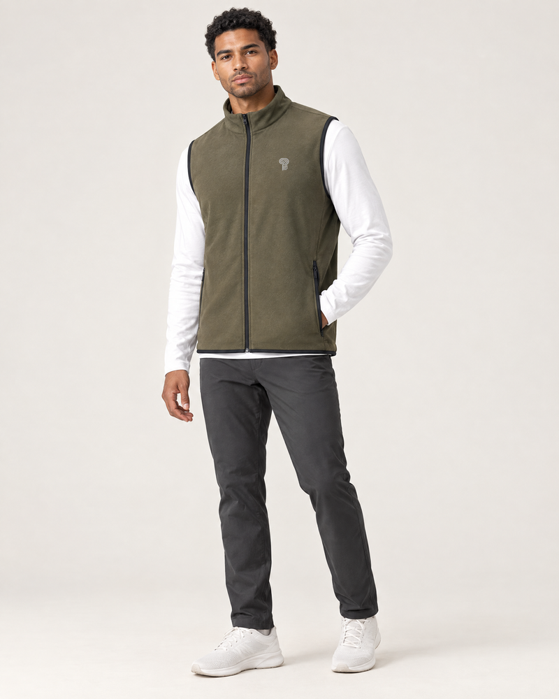 Polocom Plus Traverse Zip-Up Fleece Vest in Green, worn by an adult model with a small silver P emblem