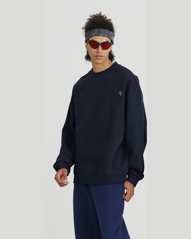 Polocom Plus Loft Heavyweight Crewneck in Navy, front view on male model