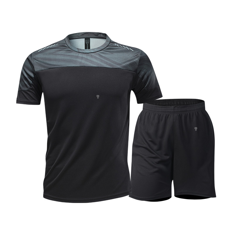 Polocom Plus Pace Panel Tee & Shorts Set in Black+Gray Green, front product view