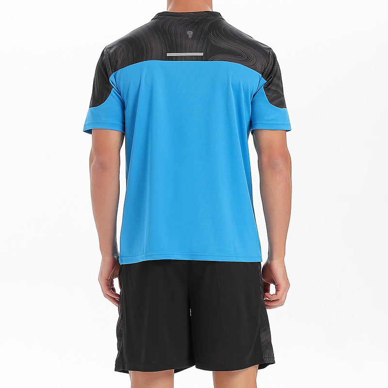 Polocom Plus Pace Panel Tee & Shorts Set in Lake Blue, rear view on male model