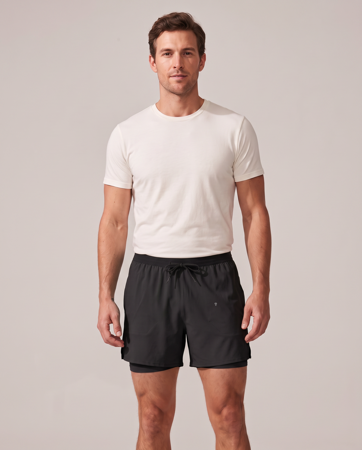 Polocom Plus Velocity running shorts in black, front on model