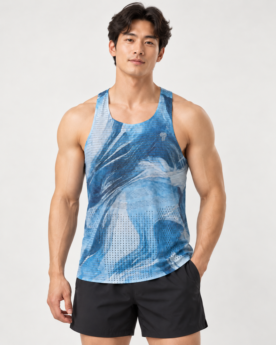 Polocom Plus Current Graphic Running Tank in Blue, front model concept view