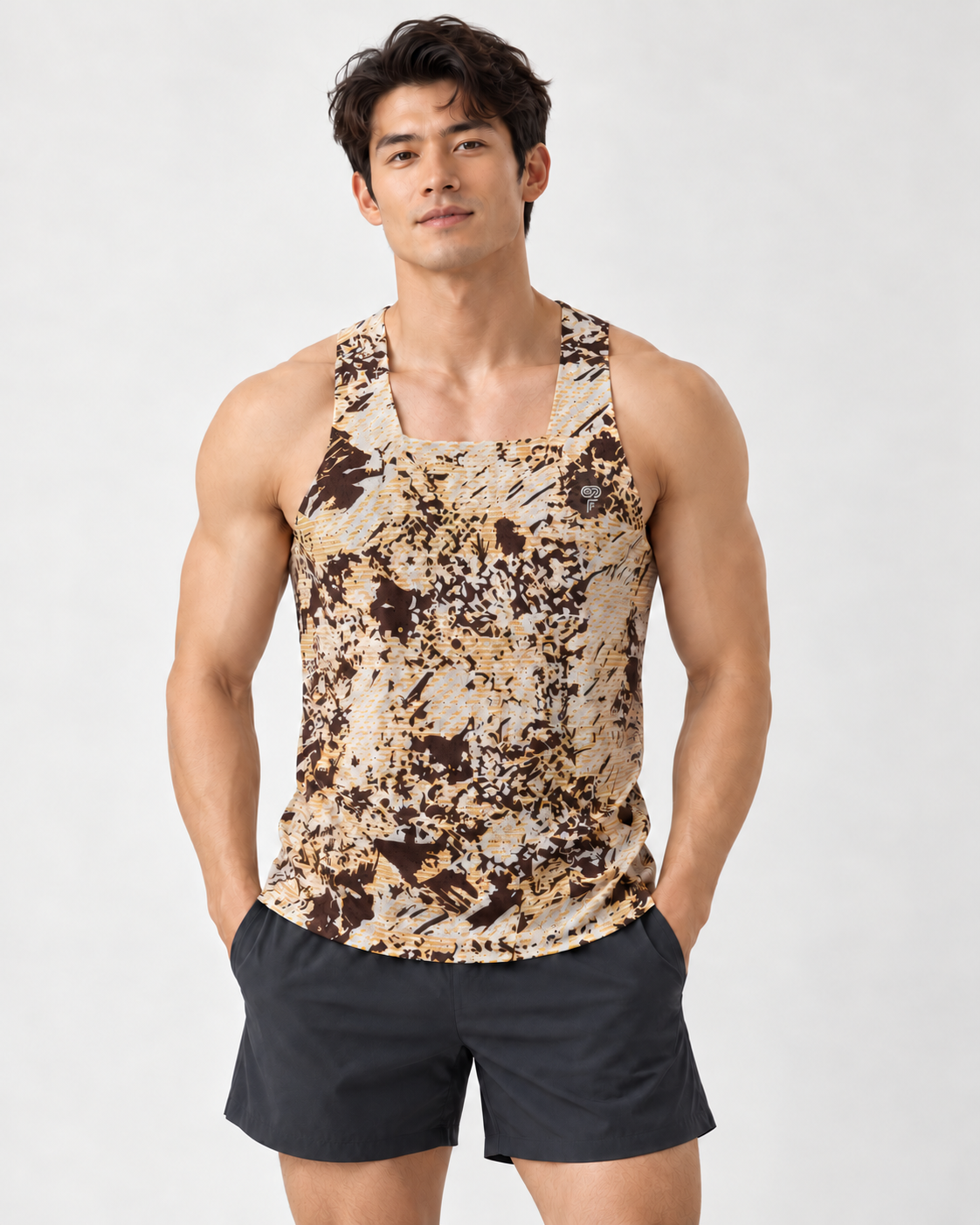 Polocom Plus Terrain Print Running Tank in Brown, front model concept view