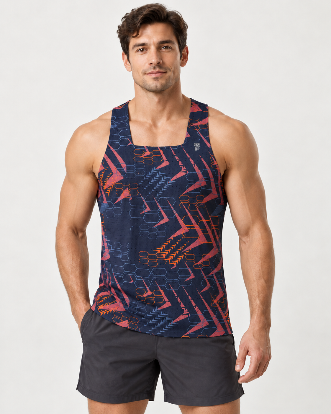 Polocom Plus Arrow Graphic Running Tank in Orange, front model concept view