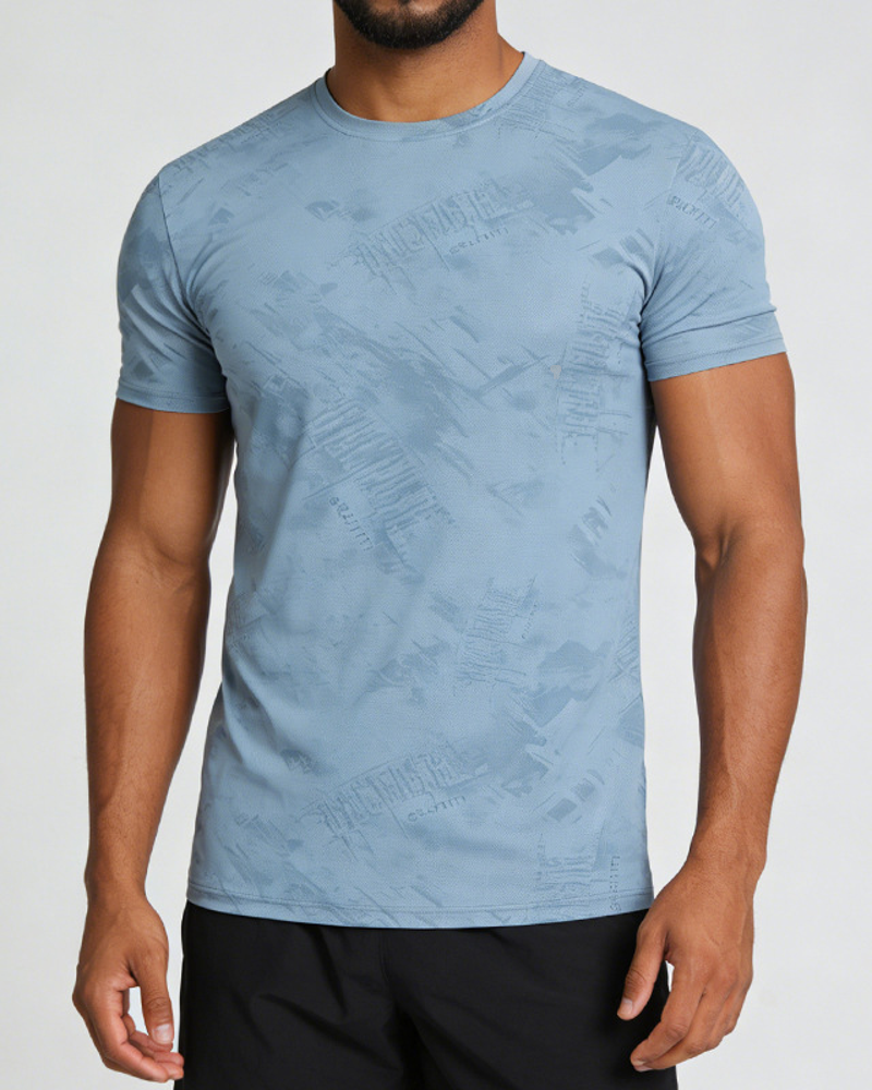 Polocom Plus Aerial Stretch Training Tee — Haze Blue front on model