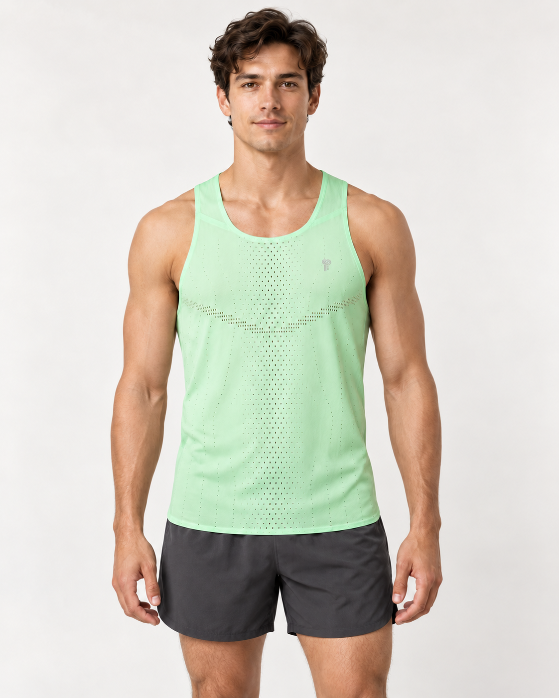Polocom Plus Aero Perforated Running Tank in Light Green, front model concept view