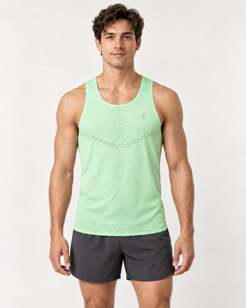 Polocom Plus Aero Perforated Running Tank in Light Green, front model concept view