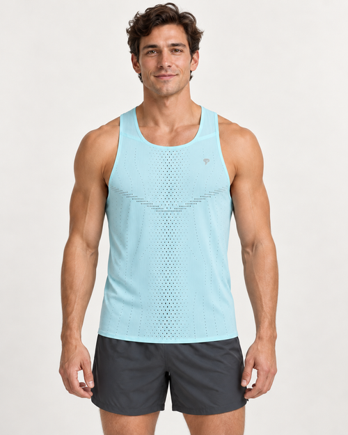Polocom Plus Aero Perforated Running Tank in Lake Blue, front model concept view