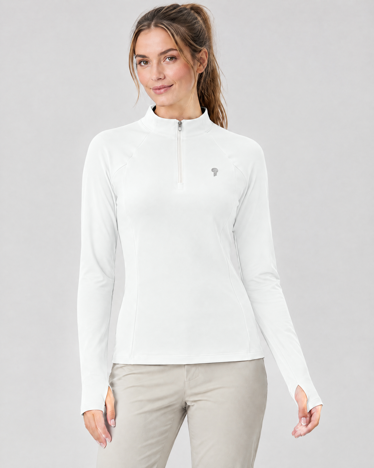 Align Quarter-Zip Thumbhole Top | White | Front view