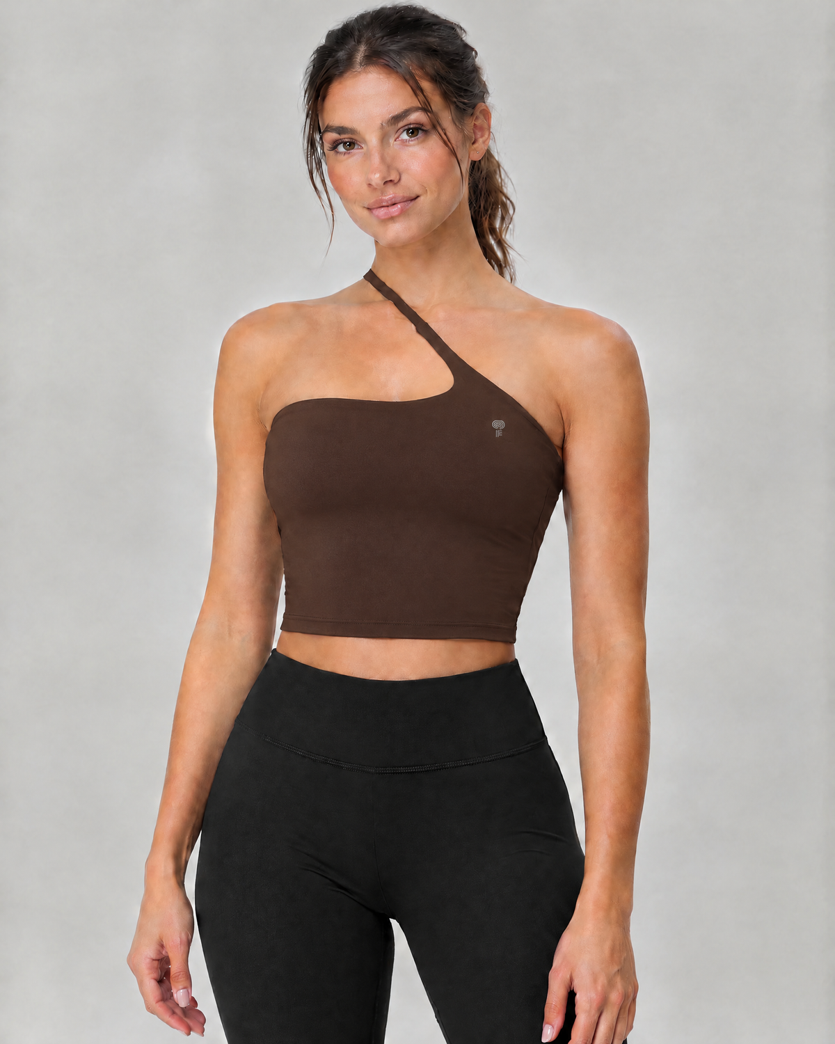 Arc Asymmetric Crop Top | Dark Brown | Front view
