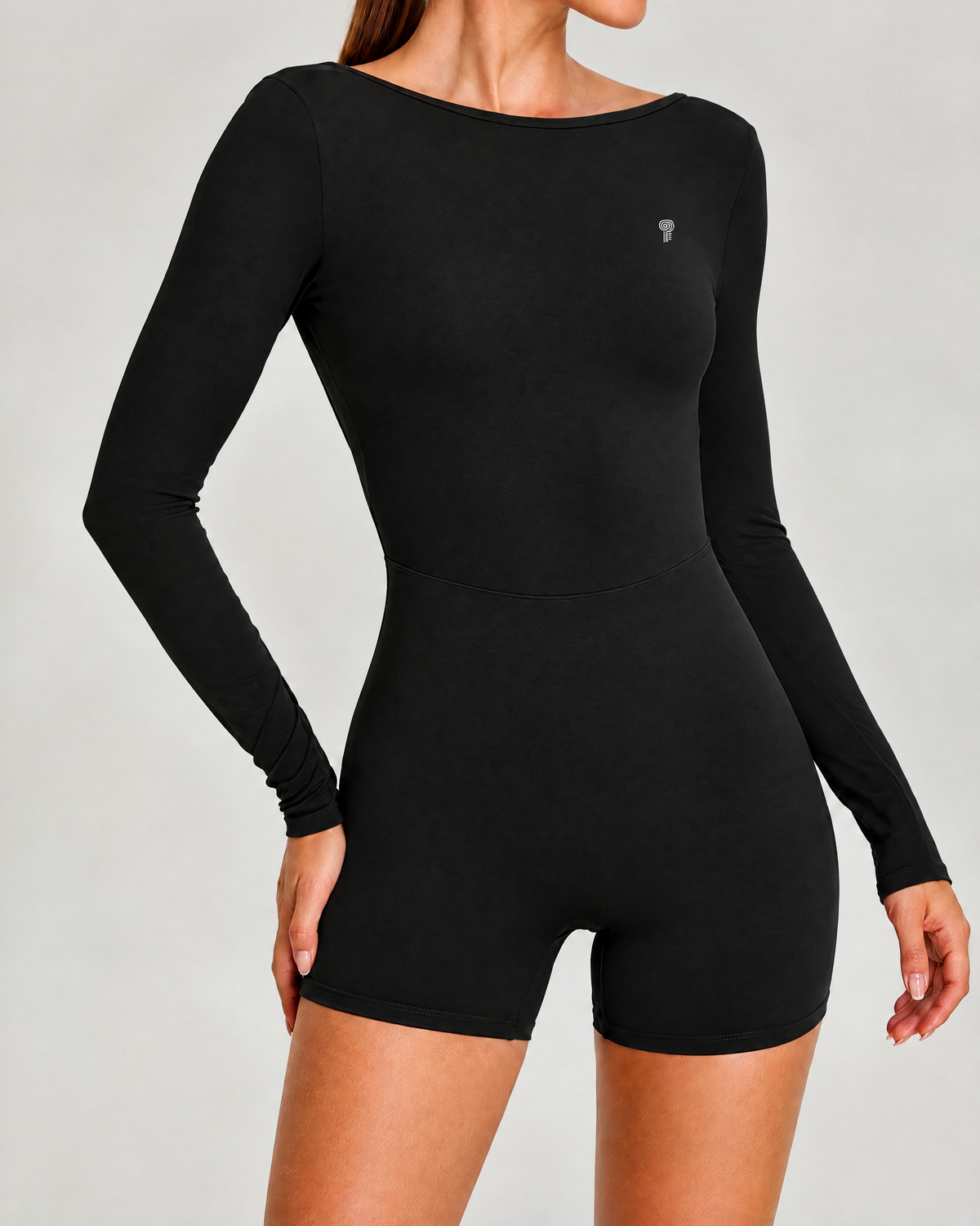 Arc Open-Back Long-Sleeve Romper | Black | Front view