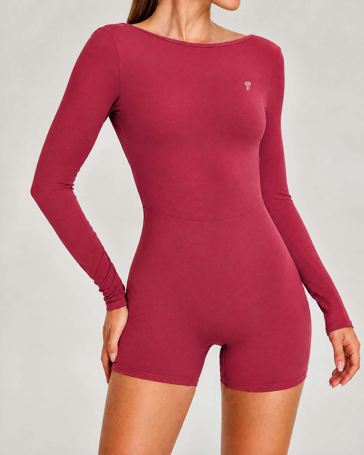 Arc Open-Back Long-Sleeve Romper | Cherry Red | Front view