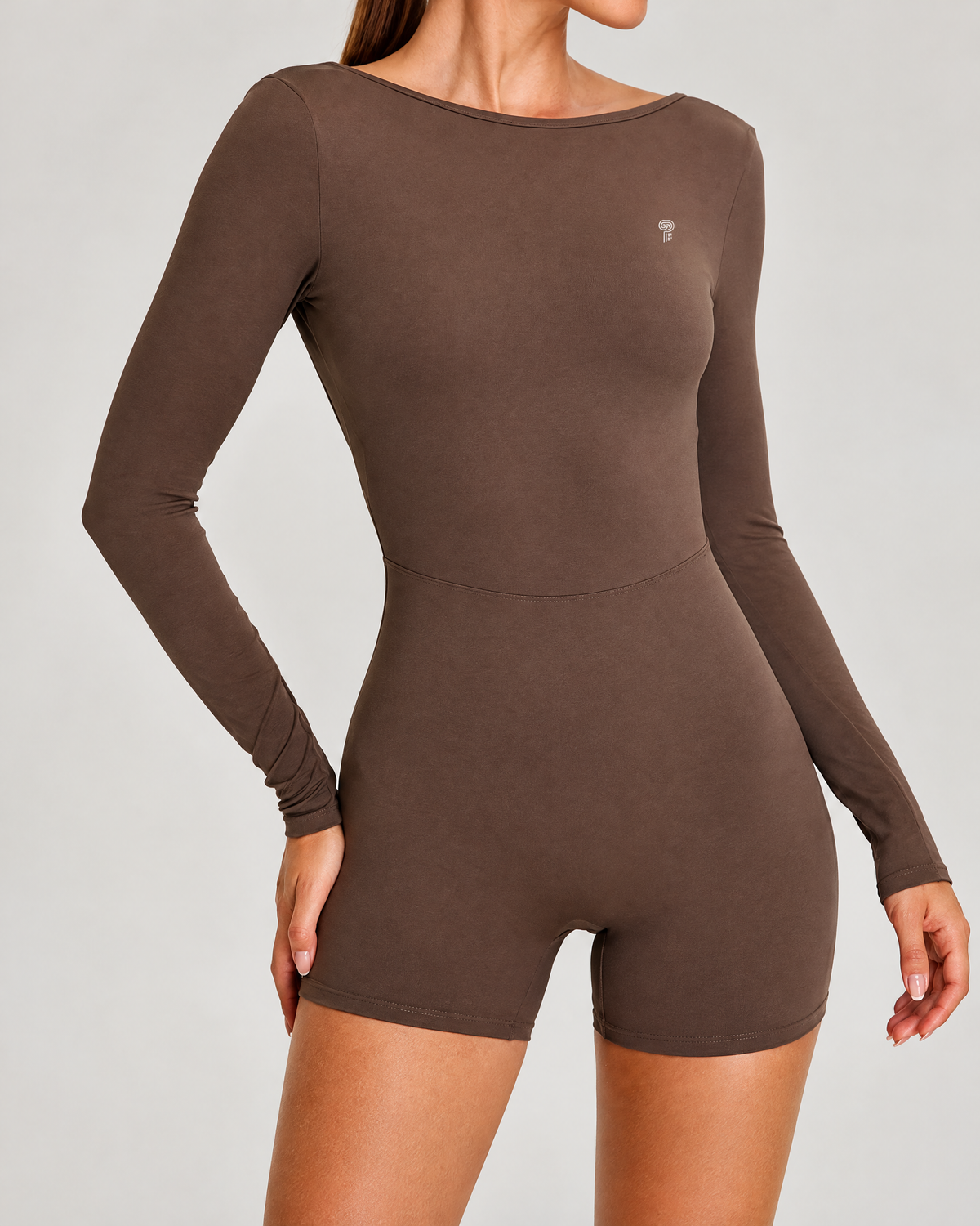 Arc Open-Back Long-Sleeve Romper | Dark Brown | Front view