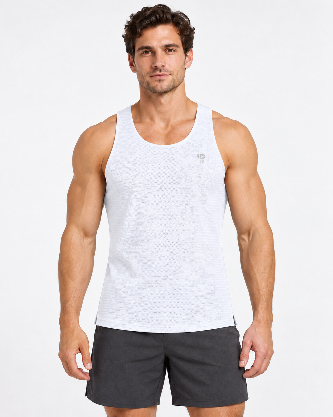 Polocom Plus Flow Square-Neck Running Tank in White, front model concept view