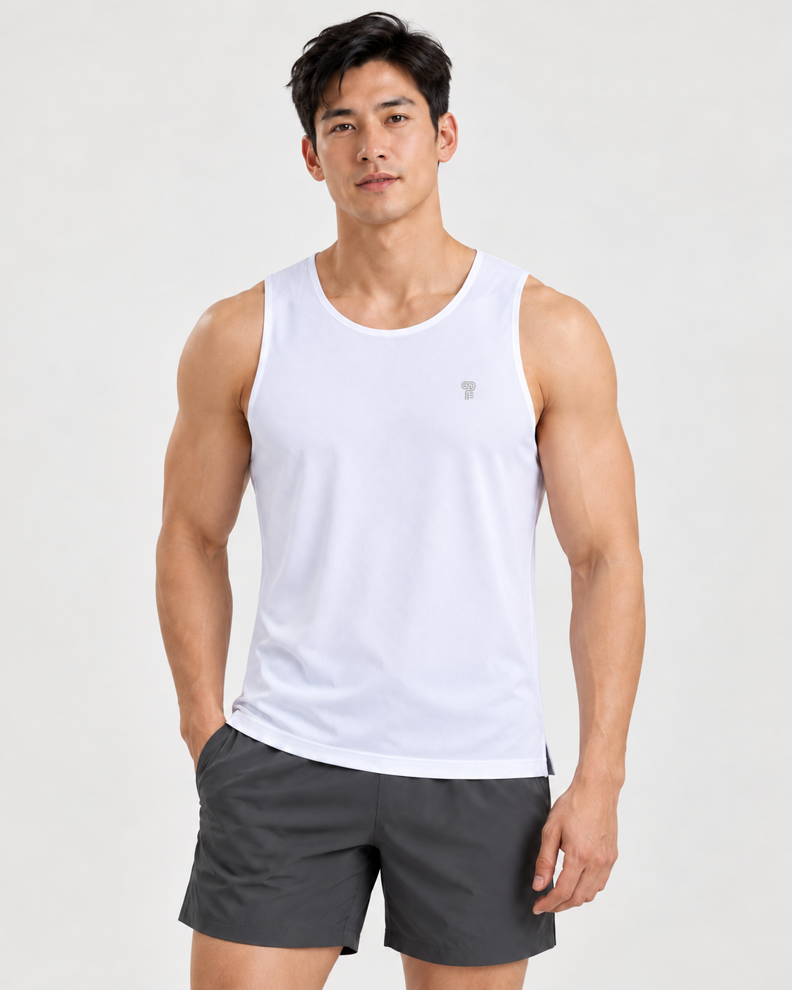 Polocom Plus Core Mesh Running Tank in White, front model concept view