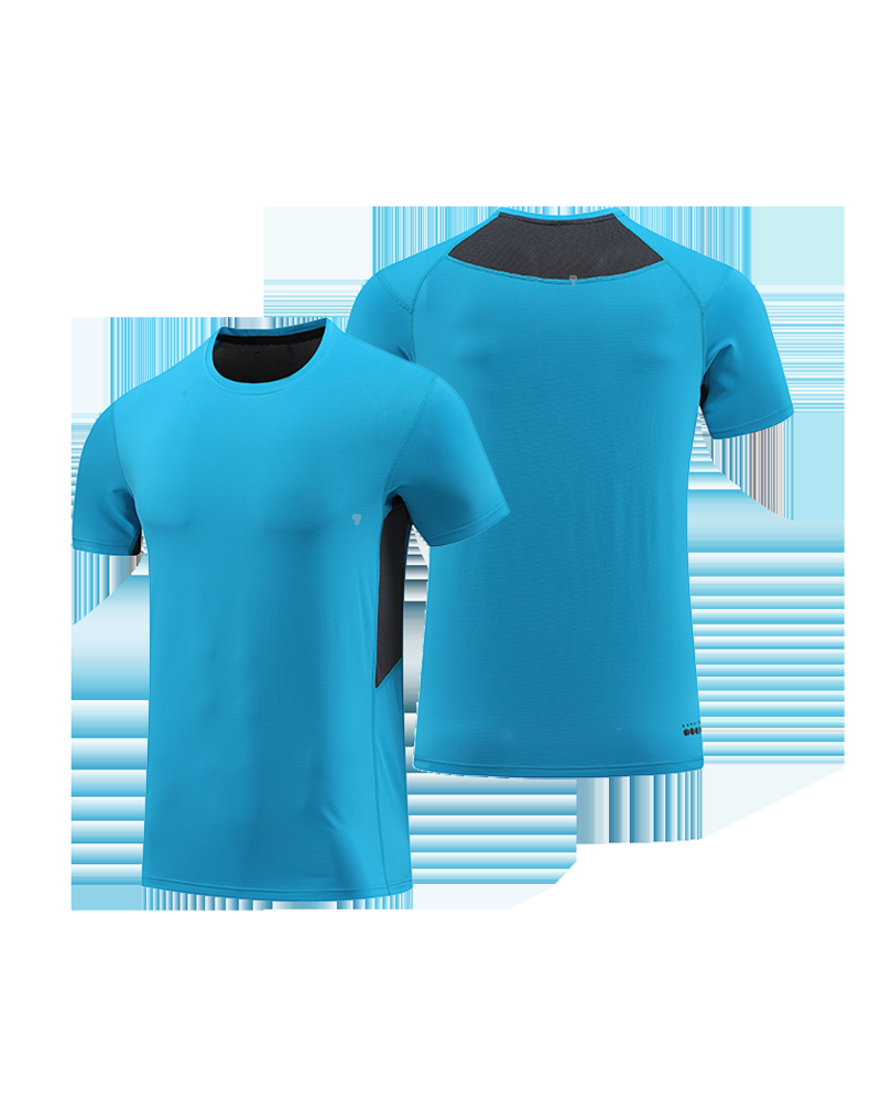 Blue front and back view of the Back Panel Training Tee
