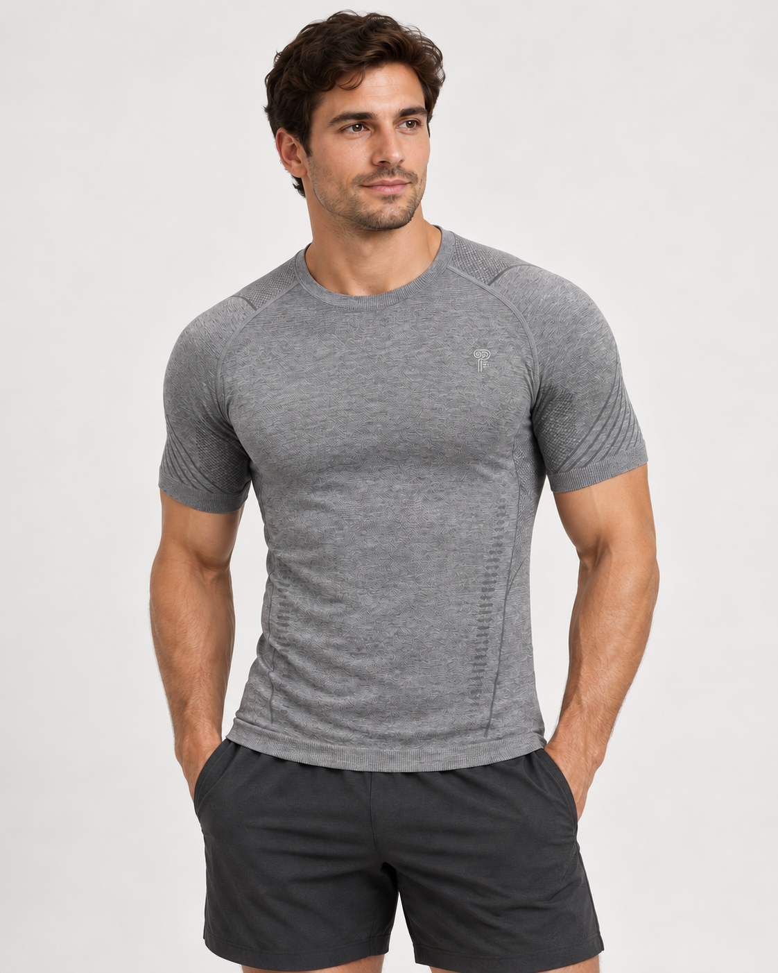 Polocom Plus Form Heather Training Tee in Gray, front model concept view