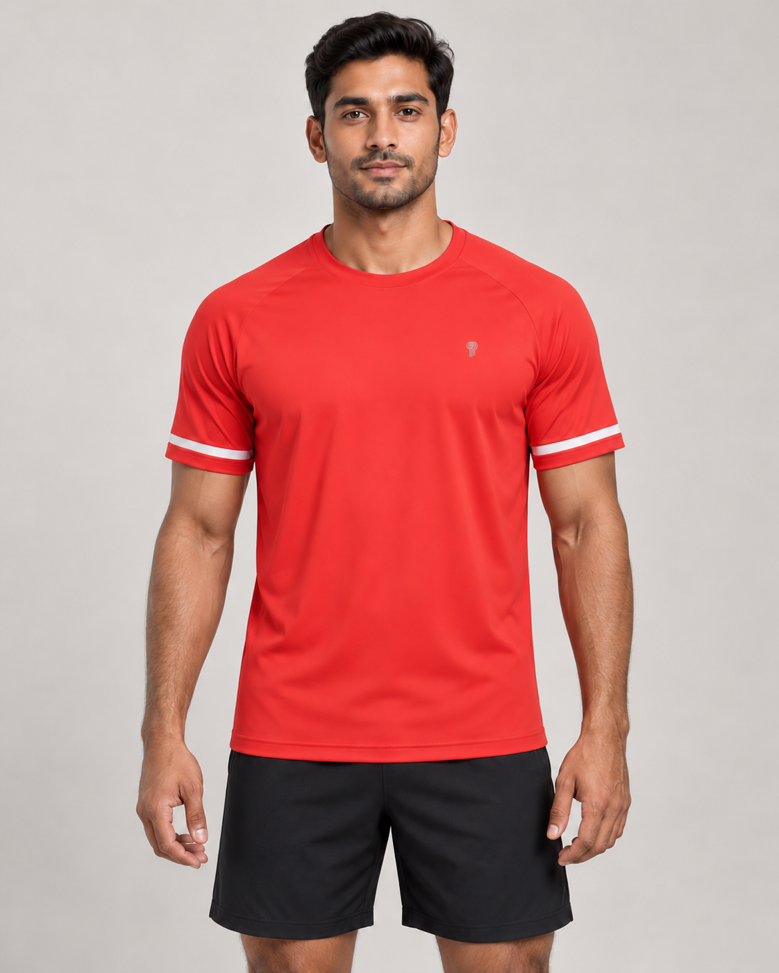 Polocom Plus Cadence Stripe Training Tee in Red, front model concept view with small silver P emblem