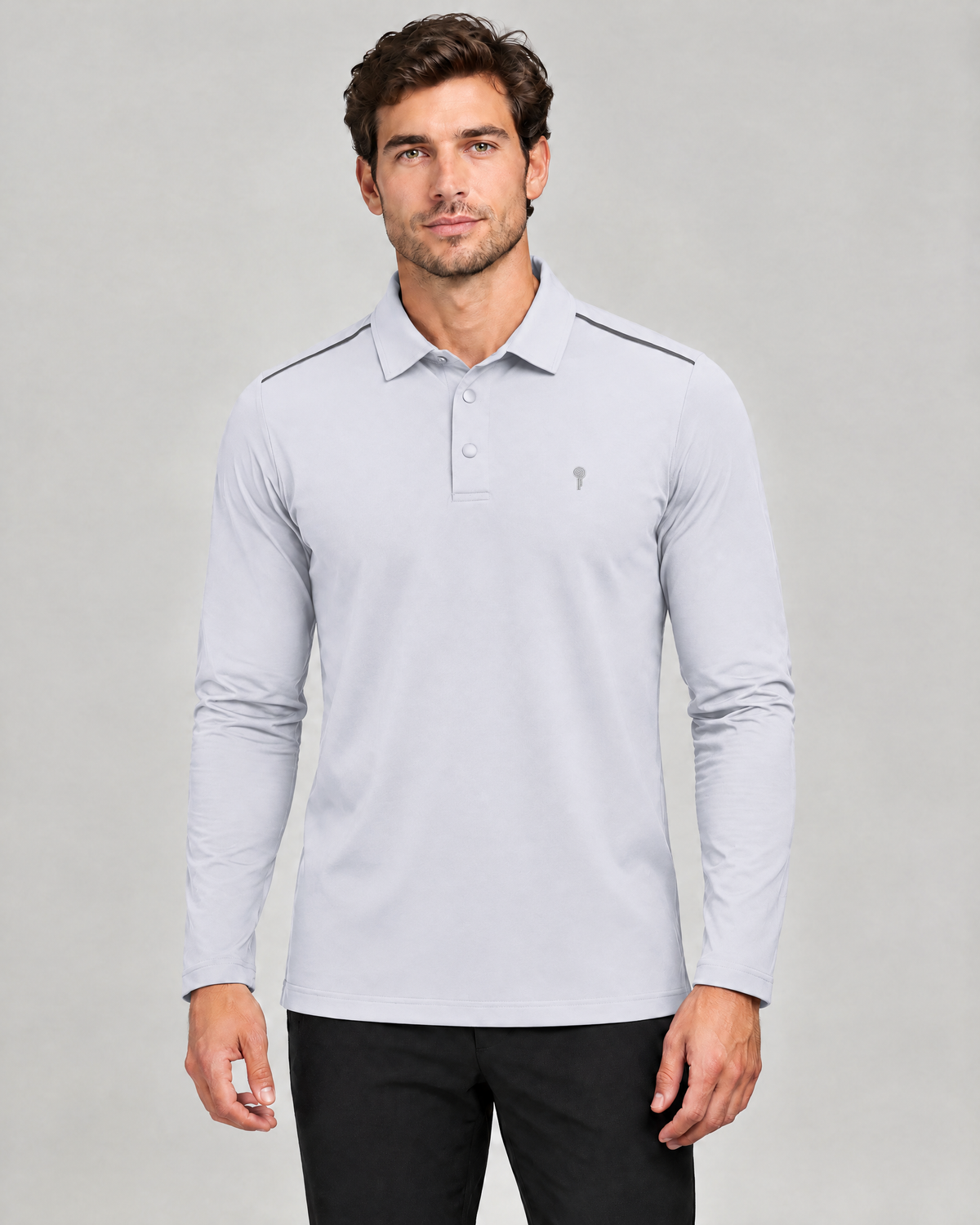Court Shoulder-Trim Long-Sleeve Polo | Light Gray | Front view