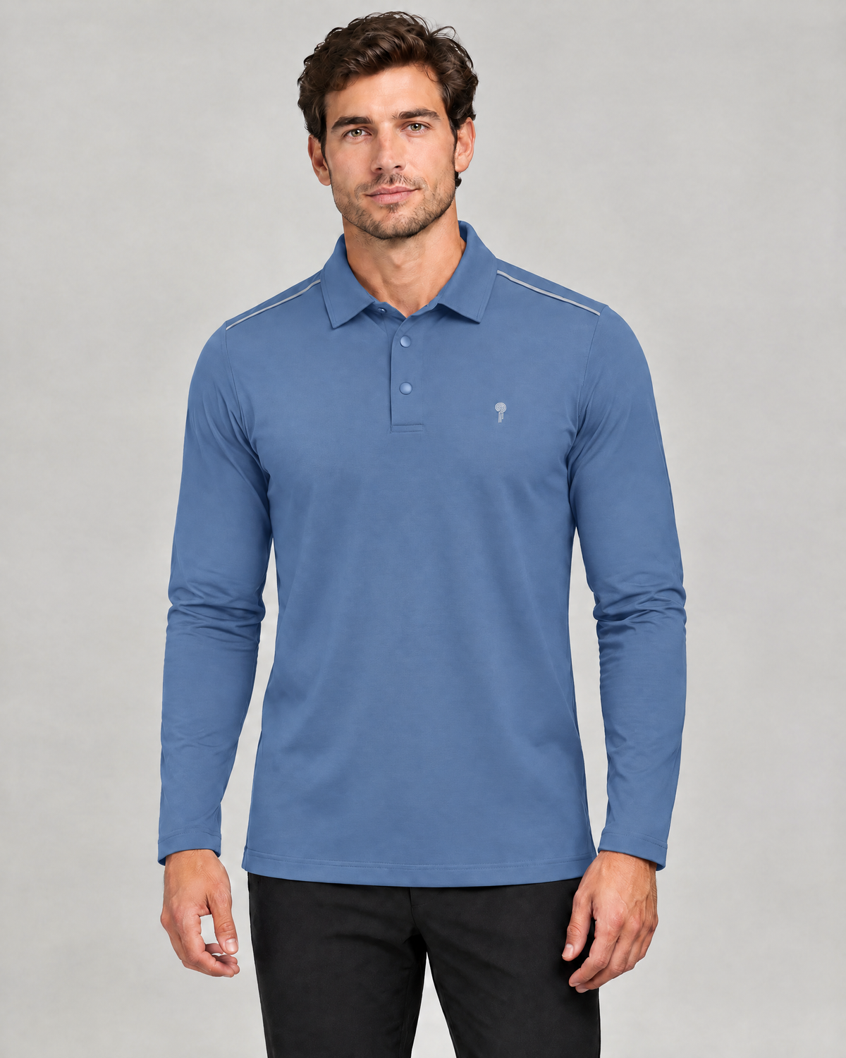 Court Shoulder-Trim Long-Sleeve Polo | Blue | Front view