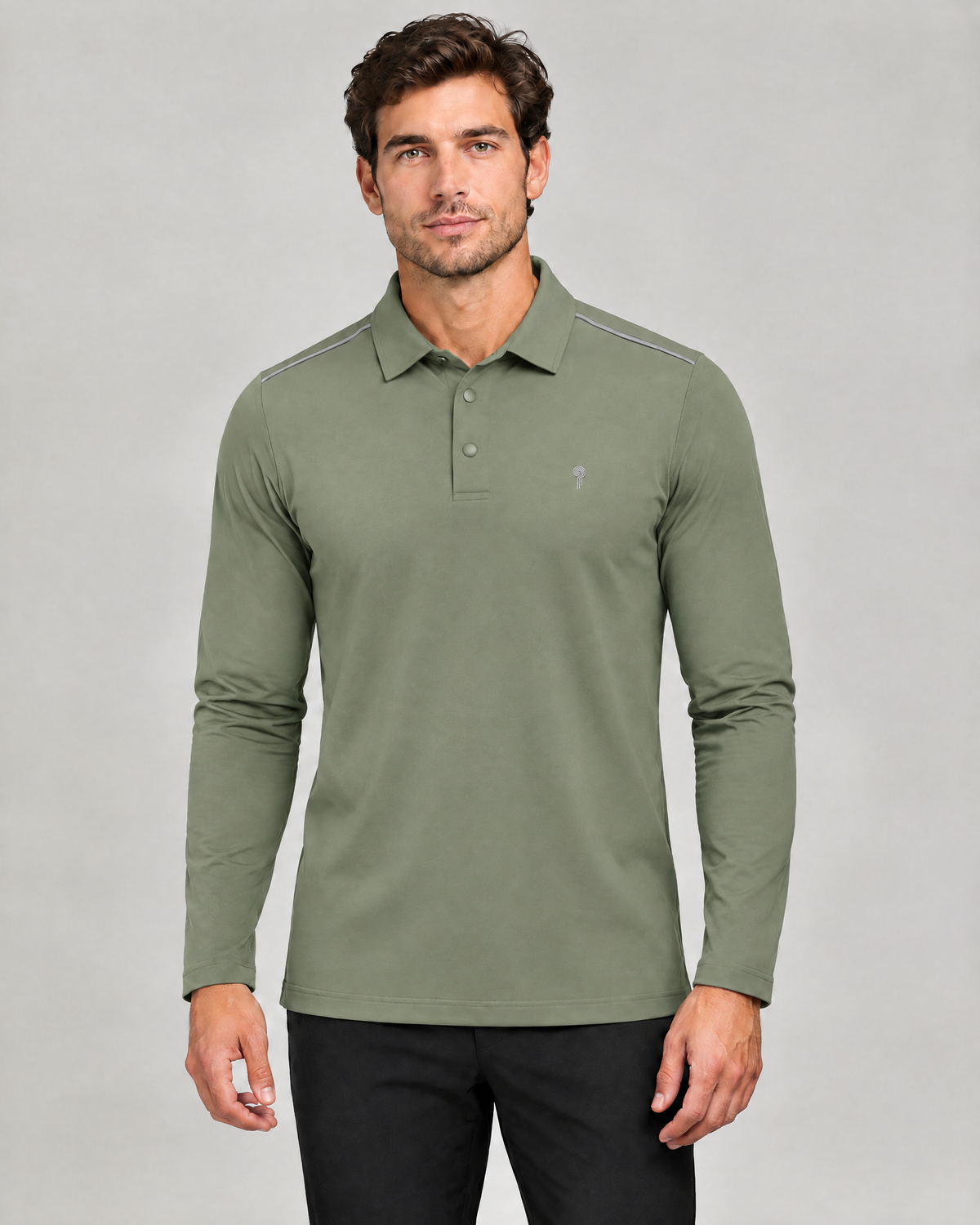 Court Shoulder-Trim Long-Sleeve Polo | Green | Front view