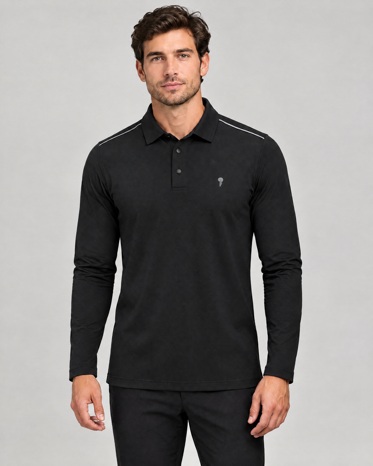 Court Shoulder-Trim Long-Sleeve Polo | Black | Front view