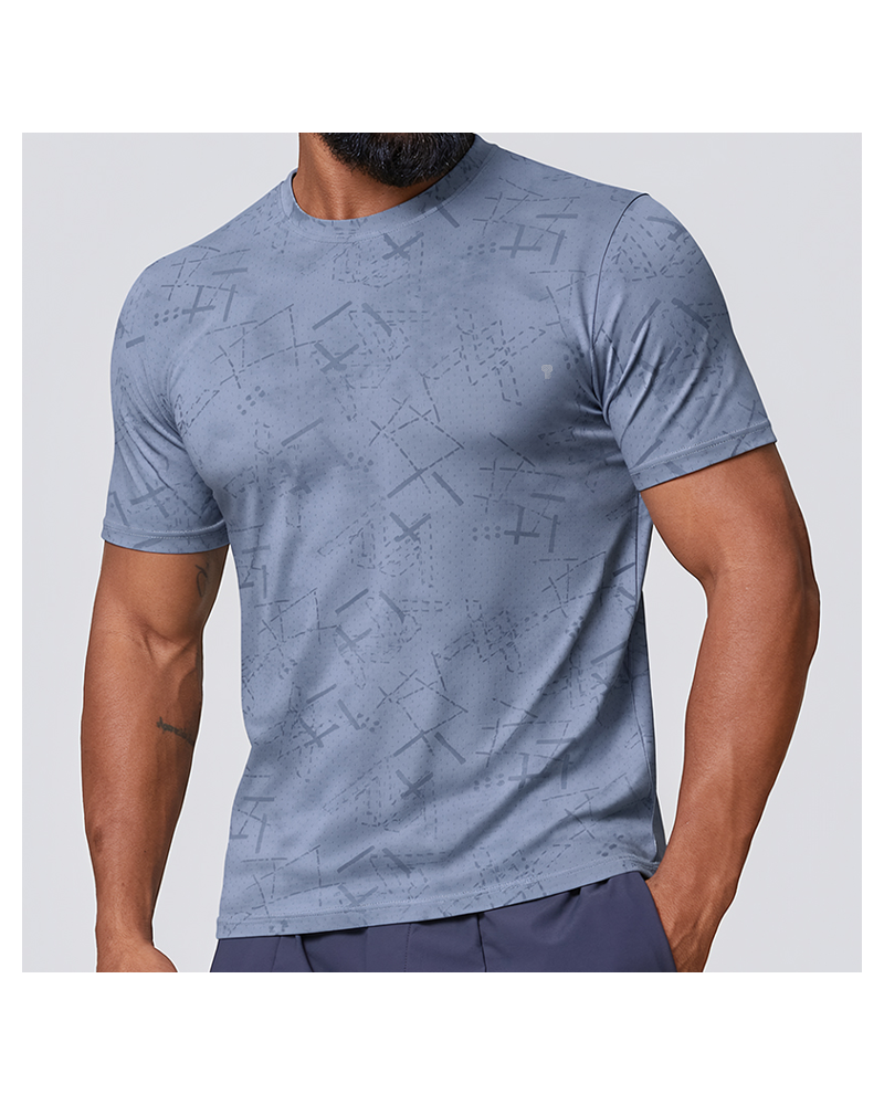 Polocom Plus Crosshatch Stretch Tee — Haze Blue front on model