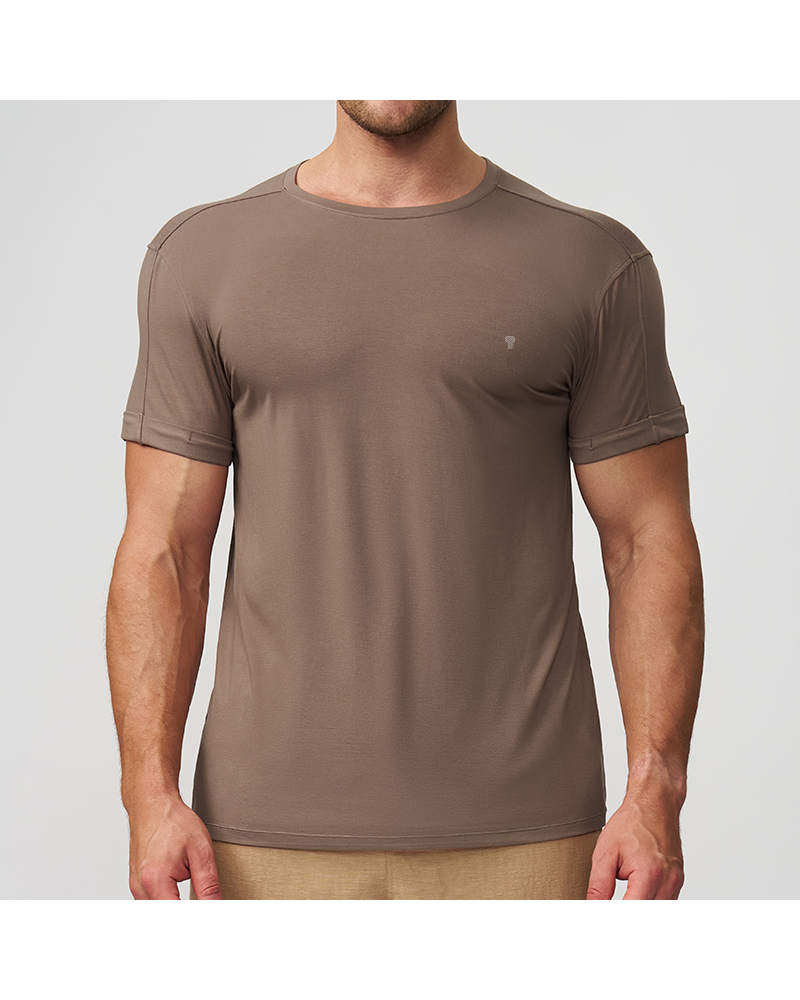 Polocom Plus Drape Rayon-Stretch Tee in Mocha Brown, on model front view
