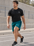 Polocom Plus Tempo Running Shorts — standalone reflective silver emblem branding mockup, no lettering.