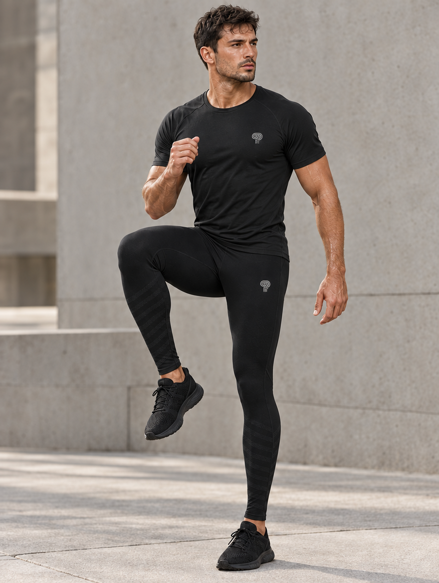 Polocom Plus Endure Pocket Training Tights — standalone reflective silver emblem branding mockup, no lettering.