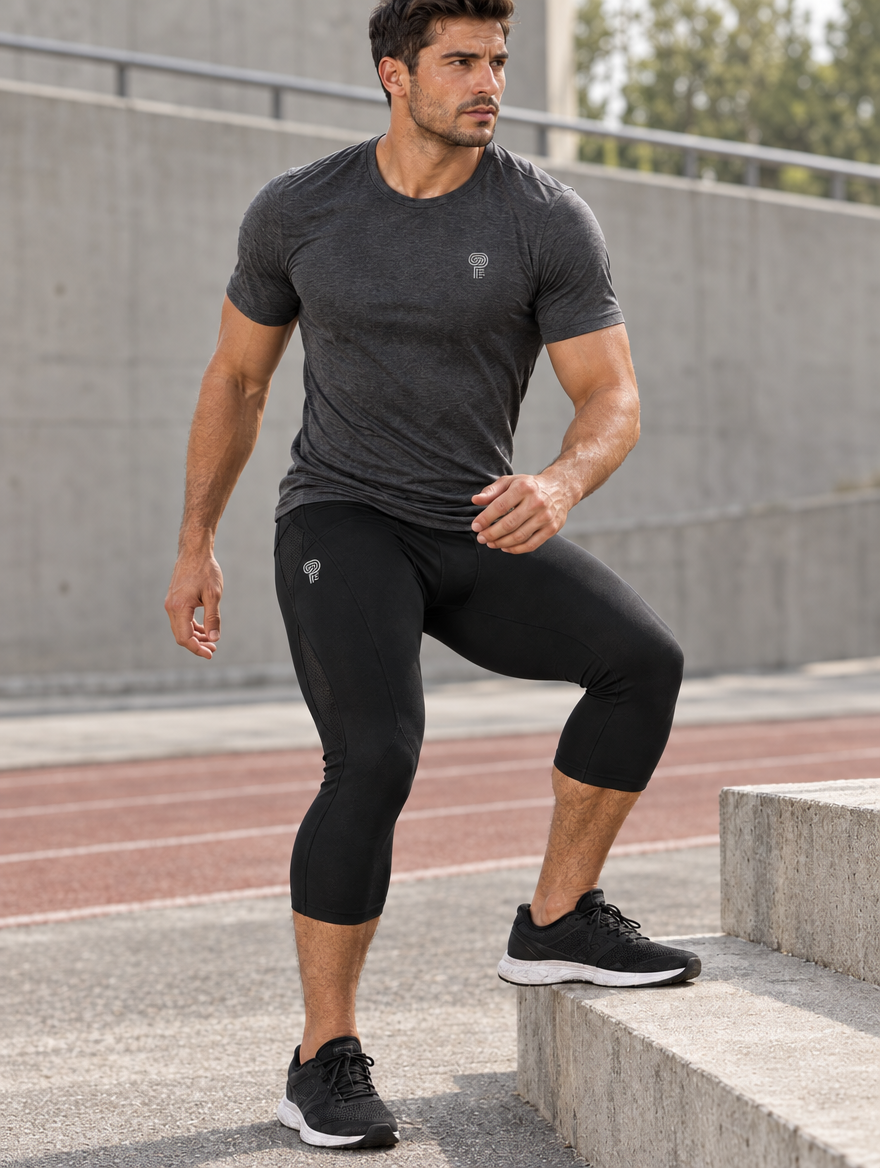 Polocom Plus Interval Three-Quarter Tights — standalone reflective silver emblem branding mockup, no lettering.