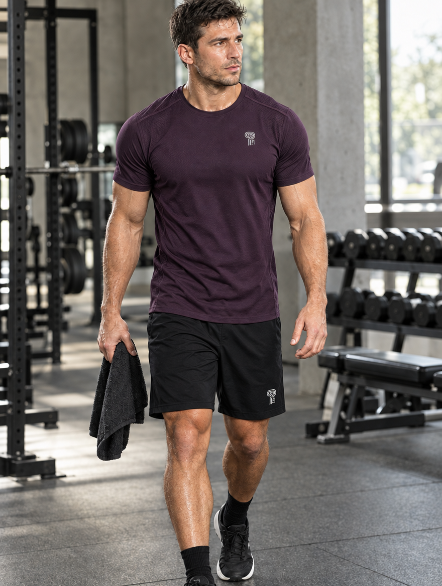 Polocom Plus Airflow Mesh Training Tee — standalone reflective silver emblem branding mockup, no garment lettering.
