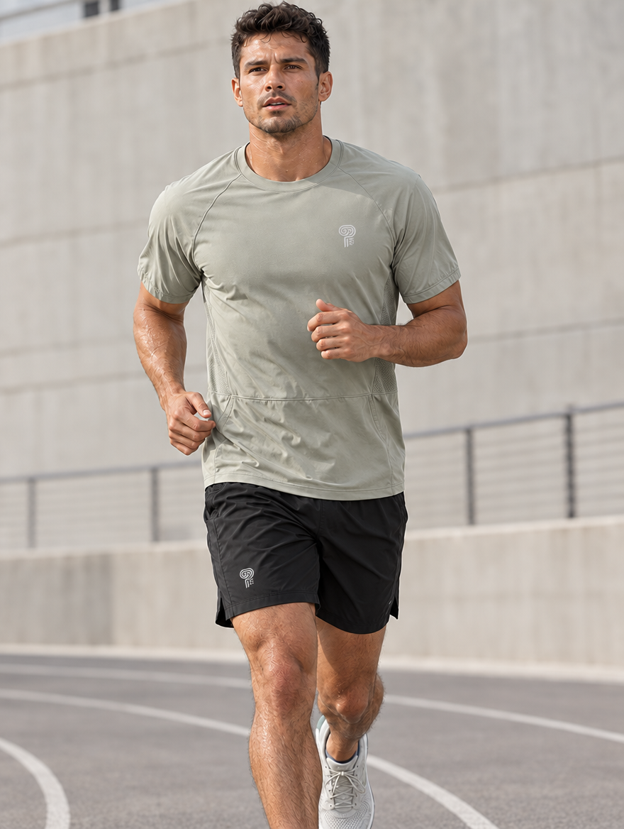 Polocom Plus Nightline Training Tee — standalone reflective silver emblem branding mockup, no garment lettering.