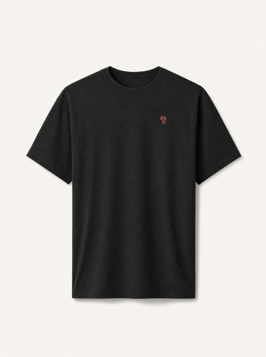 Polocom Plus essential tee in black, front studio view.