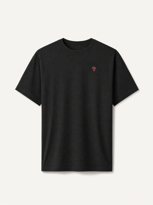 Polocom Plus essential tee in black, front studio view.