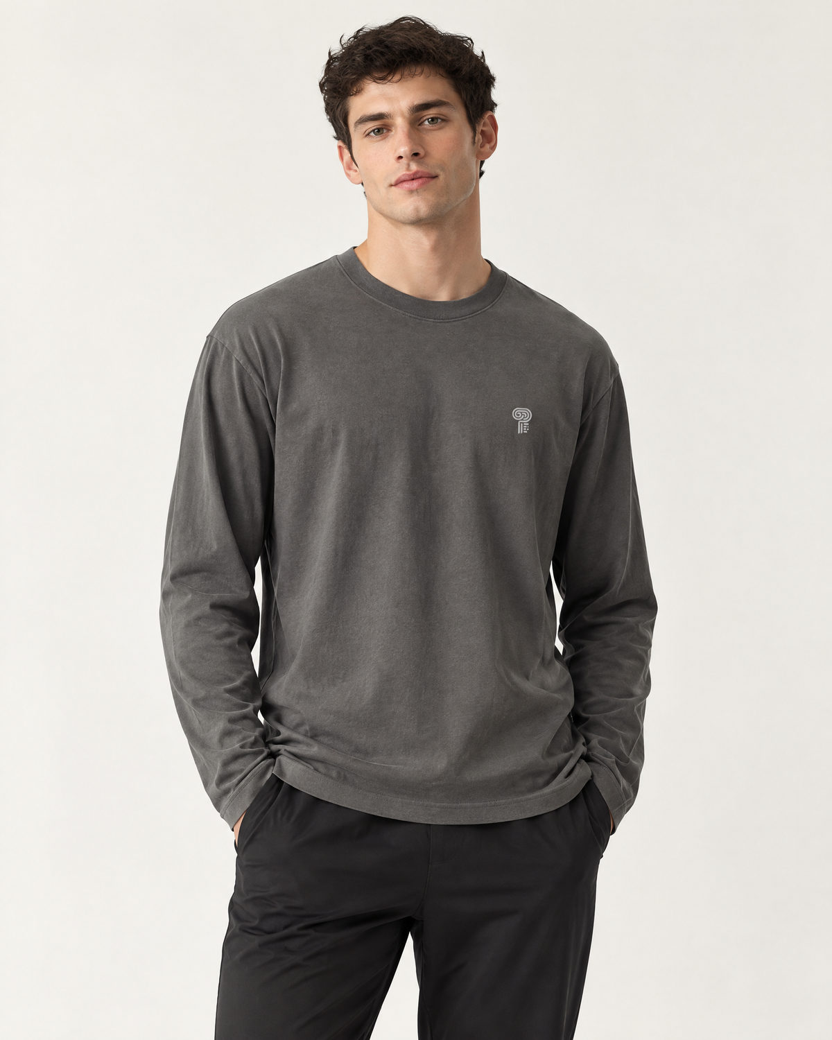 Polocom Plus Everyday Cotton Long-Sleeve Tee | Dark Grey | Front view