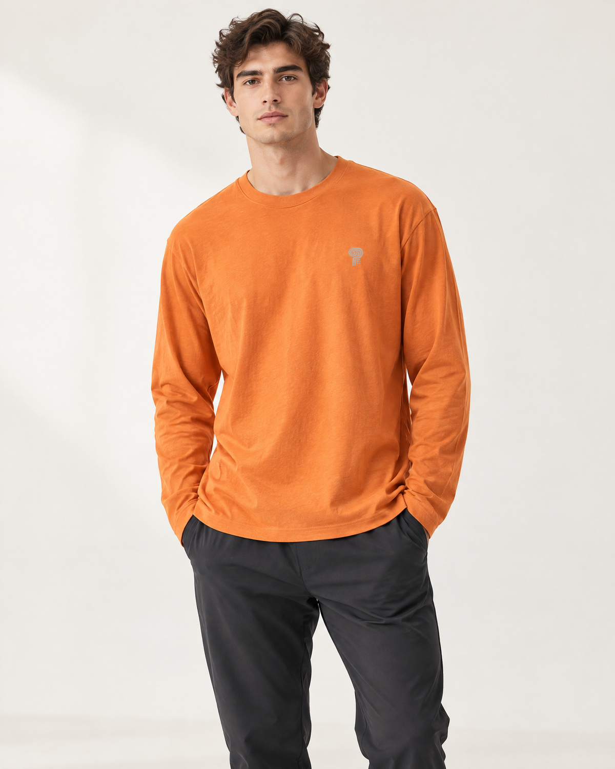 Polocom Plus Everyday Cotton Long-Sleeve Tee | Mandarin Orange | Front view
