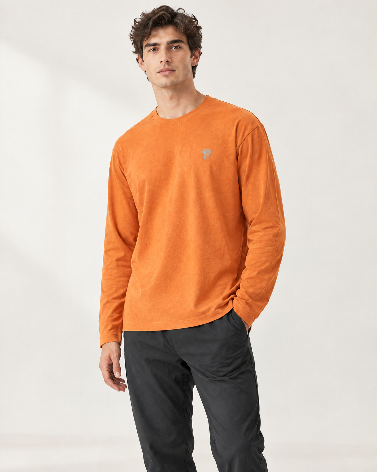 Polocom Plus Everyday Cotton Long-Sleeve Tee | Mandarin Orange | Three-quarter view