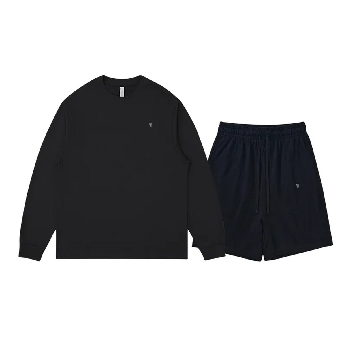 Polocom Plus Everyday Cotton Crewneck and Shorts Set in Black, front view with small silver emblems