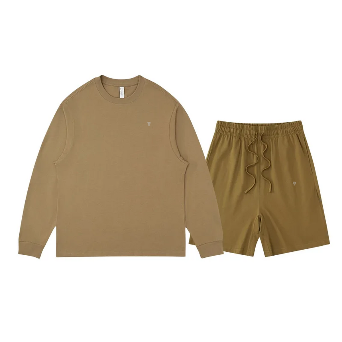 Polocom Plus Everyday Cotton Crewneck and Shorts Set in Brown, front view with small silver emblems