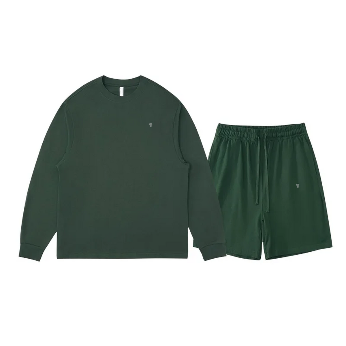 Polocom Plus Everyday Cotton Crewneck and Shorts Set in Dark Green, front view with small silver emblems