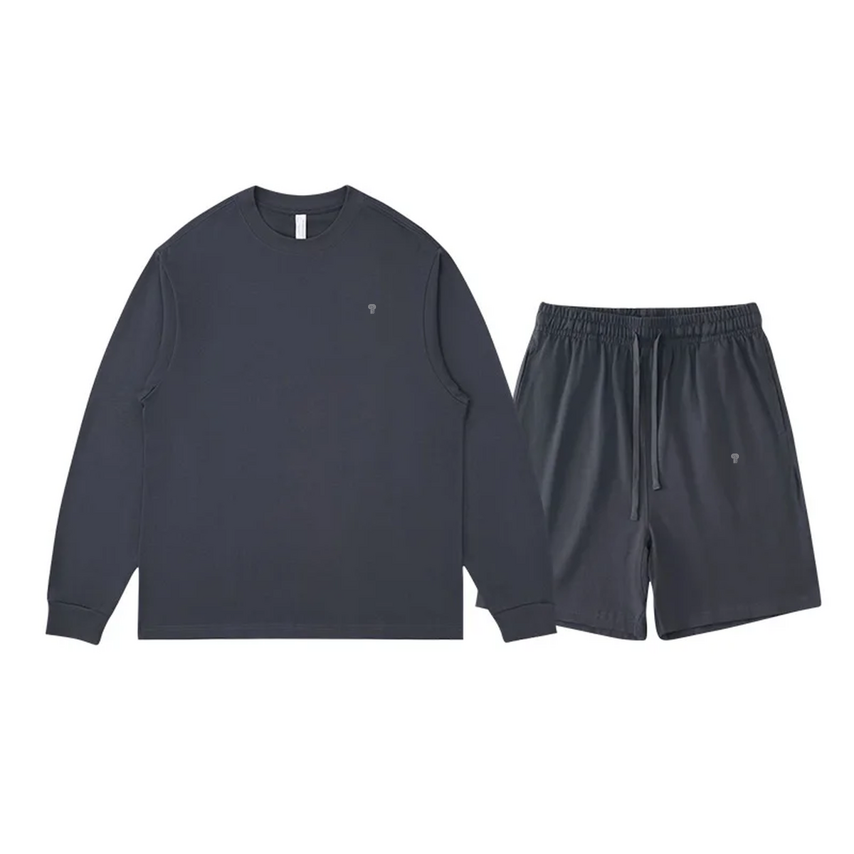 Polocom Plus Everyday Cotton Crewneck and Shorts Set in Dark Grey, front view with small silver emblems