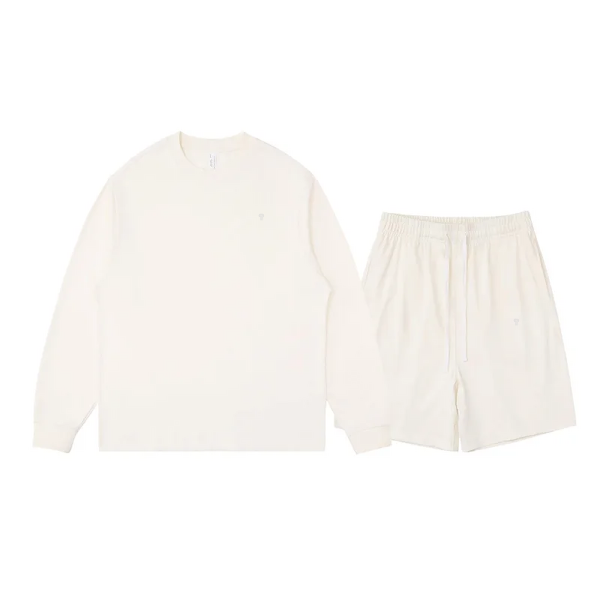 Polocom Plus Everyday Cotton Crewneck and Shorts Set in Egg White, front view with small silver emblems